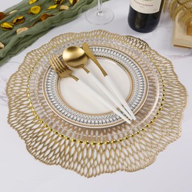 Placemats Set of 6, 15 Inch Vinyl Metallic Table Mats Gold Round Place Mats Dinning Table Decor for Wedding Christmas Thanksgiving Holiday