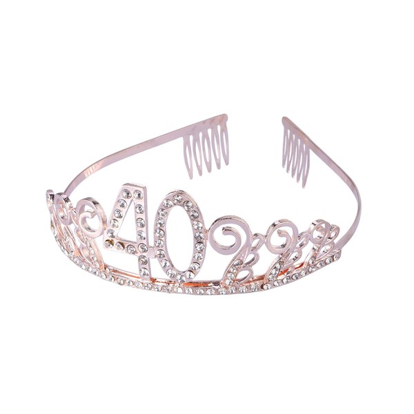 Frcolor Birthday Crystal Rhinestone Tiara Queen Princess Crowns Dance Party Headband Hair Combs Pin for Women 40th Birthday Party Favor (Rose Gold)