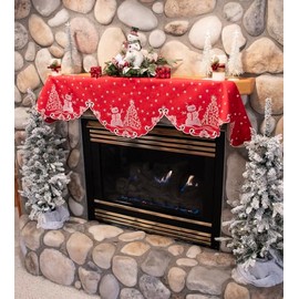 Embroidered Christmas Beautifully Elegant Silver Star Topped Trees and Snowman on Red Linen Fireplace Mantel Scarf Large Window Valance Mantel Decor (18Wx88L)