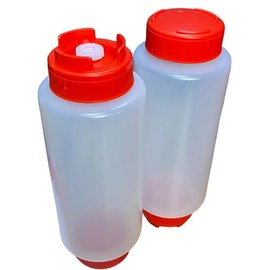 CateringBase Ltd FIFO Sauce Dispenser Bottles with Anti-Drip Tip, 710ml, Red Cap, 67x67x245mm Pack of 2