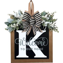 Last Name All Year Wreath Front Door Wreath,Front Porch Decoration 26 Letter Welcome Wreath, Eucalyptus and Bow Wreath for Spring, Summer, Autumn, Winter, Wall Window, Porch Farmhouse Decoration（K）