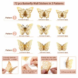 Pack of 36 3D Butterfly Wall Stickers, Hollow Butterfly Stickers, 3 Sizes, Butterfly Decoration Wall Sticker, Removable Wall Sticker, Home Decoration, Wall Decoration, DIY Wall Sticker (Gold)