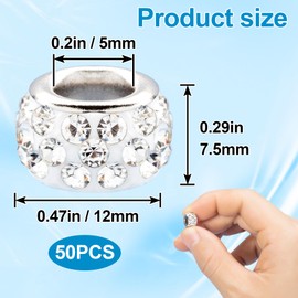 Alpinleux 50 Pcs 12mm Large Hole White Rhinestone European Rondelle Diamond Hair Beads, Large Hole Spacer Beads for Bracelet, Snake, Chain, Charm