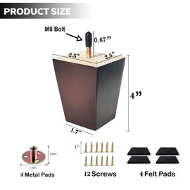 Txcucc Sofa Legs Square Bed Feet 4 inch Wood Replacement Leg for Furniture Set of 4, Dark Brown…