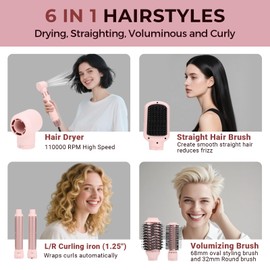 Hair Dryer Brush 6 in 1, Hair Styler Set Blowout Heated Brush 106000 RPM High Speed Negative Ionic Auto Curling Iron for Curling Volumizing Straightening Styling