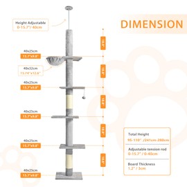 ABCPET Floor to Ceiling Cat Tree,5 Tiers Tall Cat Tree with Adjustable Height(95-110),Cat Tower with Cozy Hammock,Sisal Scratching Posts,Platforms,and Hanging Balls for Indoor Cats,Light Grey