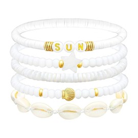 Tomovely 5 Pieces Beaded Bracelets, White Pink Preppy Bracelets Conch Shell Preppy Bracelet Boho Multi-Layer Beaded Crystal Bracelets, Bohemian Stackable Bead Bracelet Set Jewelry for Women