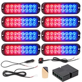 V-SEK Red Blue LED Strobe Lights Kit - 8PCS 16-LED Emergency Police Lights Flashing Warning Hazard 12V Sync Feature Ultra Slim Surface Mount for Construction Trucks Vehicles Cars ATV Waterproof
