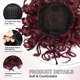 PORSMEER Dark Red Messy Bun Hair Piece,Loose Wave Curly Hair Buns Hair Piece Elastic Drawstring Messy Bun Short Curly Ponytail Extension Synthetic Extensions for Women Daily Use