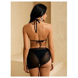 WDIRARA Women's Skull Rhinestone Triangle Halter Tie 3 Piece Metallic Swimsuit and Wrap Skirt Black Glitter Medium