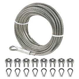 1/4" Stainless Steel Cable 50FT Wire Rope with Clamps and Thimble, 7X19 Strands Aircraft Cable for Zipline, Outdoor, Deck Railing, Heavy Duty Applications, Hanging, 6400lbs Breaking Strength