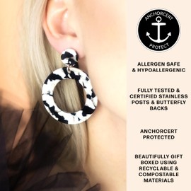 Black & White Tortoise Shell Hypoallergenic Dangle Hoop Earrings | Allergen Safe Earrings, Minimal, Everyday, Dangle and Drop, Hoop Shaped, Statement, Acetate, Acrylic, Resin, Gift, Gift for Her