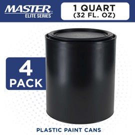Master Elite 1 Quart Empty Plastic Paint Can Bucket, Pack of 4 - Triple Lock Airtight Lid Seal, 32 fl. oz. All-Plastic Coating Storage Container Can - Pail Handle, Dent & Rust Proof, Odor Resistant