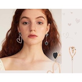 Titanium Stainless Steel Heart Dangle Earrings for Women Trendy, Gold/Silver/Rose Gold Big Drop Earrings, Hypoallergenic Long Asymmetrical Earrings, Mismatched Love Earrings (Rose,Black)