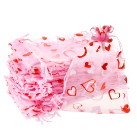 Bskifnn Love Heart Printed Valentine Candy Bags Organza Bags Gift Jewelry Bags for Wedding Valentine's Day Mother's Day Party 4 x 6Inch (100)