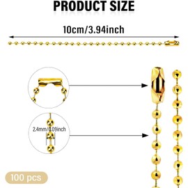 100 Pcs Gold Ball Bead Chain 4 inch Metal Clasp Keychain Rings with Connector 2.4 mm Diameter Hanging for DIY Crafts Decoration Dog Tag