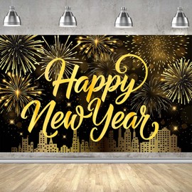 Happy New Year Banner Gold Firework Happy New Year Decorations New Years Backdrop for 2023 Party Decorations New Years Eve Banner for New Years Party Supplies