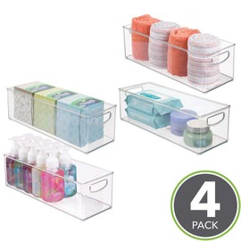 mDesign Plastic Bathroom Organizer - Storage Holder Bin with Handles for Vanity, Cupboard, Cabinet Shelf, Linen or Hallway Closets, Holds Styling Tools, Beauty Products, or Toiletries - 4 Pack - Clear