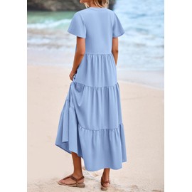 KIRUNDO Summer Maxi Dresses for Women 2025 Spring Fashion Short Sleeve Button V Neck Pleated Loose Tiered Swing Flowy Dress(Light Blue, Large)