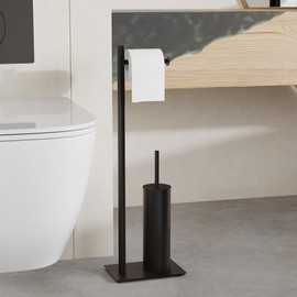 RUACQ Toilet Paper Holder Stand,Bathroom Toilet Tissue Paper Roll Holder Free Standing with Toilet Brush and Holder Set, 304 Stainless Steel, Weighted Base, Heavy Duty (Matte Black)
