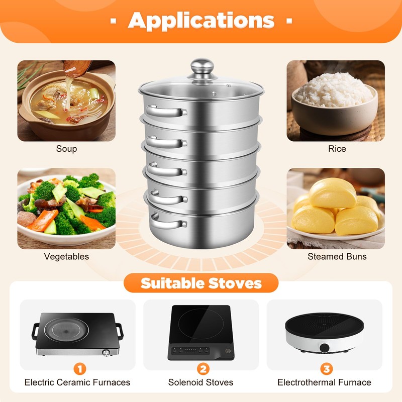 Steamer for Cooking 5 Tier Stainless Steel Food Steamer Multifunctional
