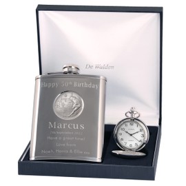 Engraved 50th Birthday Pewter Rugby Feature Pocket Watch and Hip Flask Gift Set in a Quality Box
