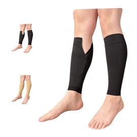 Ziperior 15-20 mmHg Compression Shin Calf No Foot Inside Leg Zipper Sleeves (Black, 3X-Large)