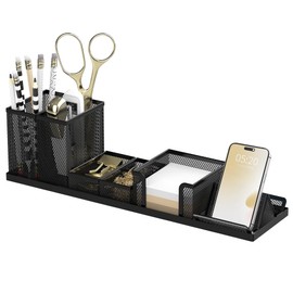 SUPEASY Pen Holder for Desk, 6 Piece Mesh Desk Organizer set for Office Organization with Mail Organizer, Letter Phone Holder, Sticky Notes Caddy Storage, Black