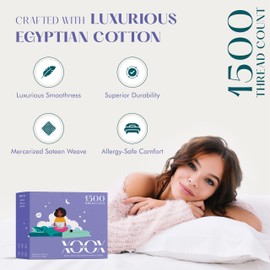 XOOX Linen King Sheets Set Egyptian Cotton - 1500 Thread Count 4 PC Egyptian Cotton Sheets King Size, Luxury Sheets King Size, Cooling High Thread Count Deep Pocket Sheets, Fits Upto 19" - Light Grey