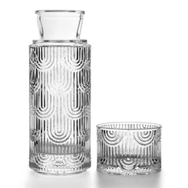 DmmyAlzx Bedside Water Carafe and Glass Set, Mouthwash Dispenser for Bathroom, 21.6 Oz Glass Water Bottles with 6 Oz Drinking Cup as Lid, Pitcher for Nightstand, Kitchen (Clear)