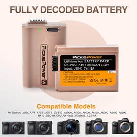 Pickle Power 2 Pack NP-FW50 Battery with Type-C Fast Charging for Sony A7S II, A7R II, ZV-E10, A7, A7S, A7R, A6500, A6400, A6300, A6000, A5100, A5000, RX10, NEX-3, NEX-5