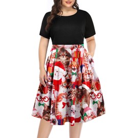 Women Plus Size Christmas Dress — Ugly Xmas Print Holiday Funny Cat Meowy 2024 Round Neck Short Sleeve Midi Dresses