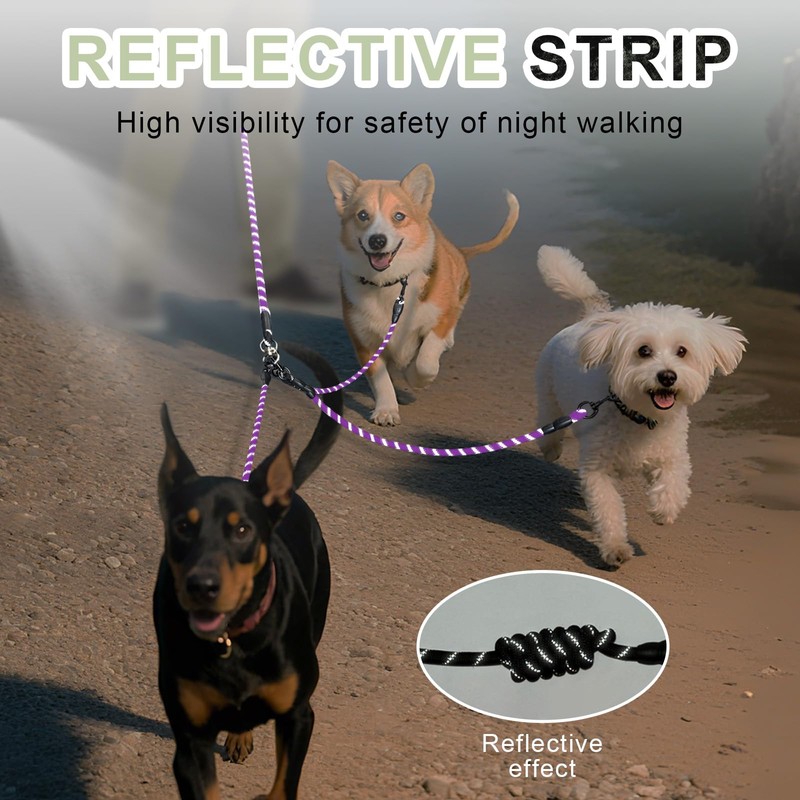 LEOSASA No-Tangle 3-Dog Leash - Main Lead Rope with Heavy-Duty