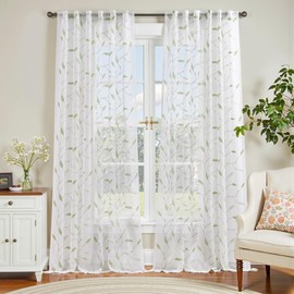 Lazzzy - Cortinas traslúcidas bordadas con hojas florales blancas para recámara, sala de estar, cortinas de gasa rústica para privacidad y ventana, juego de 2 paneles de 96 pulgadas de largo, parte