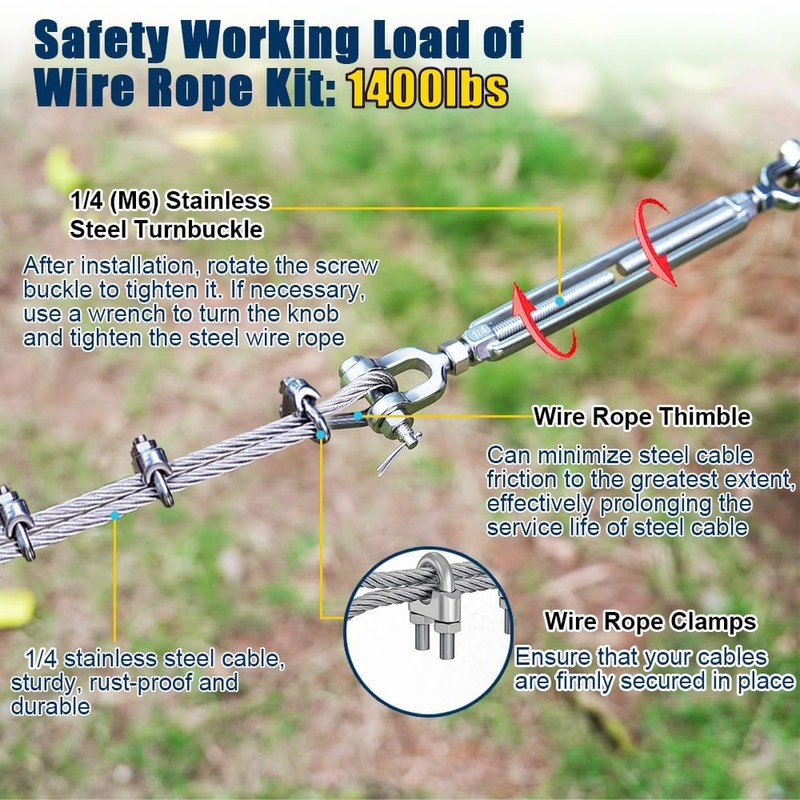 1/4 Wire Rope Kit, 100ft Stainless Steel Cable, 4Pcs 1/4
