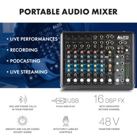 Alto TrueMix 800FX Audio Mixer with 4 XLR Mic Ins, USB Audio Interface and Bluetooth for Podcasting, Live Performance, Recording, DJ, Mac and PC