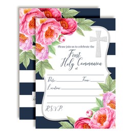 Watercolor Pink Peony First Holy Communion Religious Party Invitations with Navy Stripes, 20 5x7 Fill In Cards with Twenty White Envelopes by AmandaCreation
