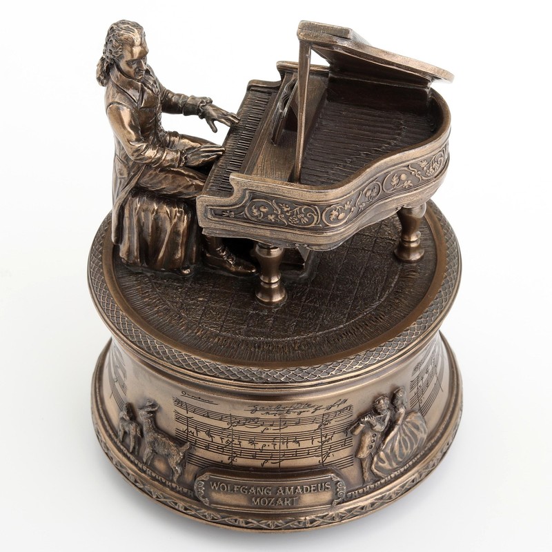 Bronzed Mozart Playing Piano Spinning Music Box