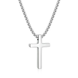 sovesi Cross Necklace for Men, Silver Tone Cross Pendant with 2.5mm Box Chain,Stainless Steel Pendant necklace with Small Cross Pendant, 20 Inch