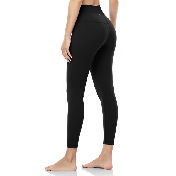 HeyNuts Pure&Plain 7/8 High Waisted Leggings for Women, Athletic Compression Tummy Control Workout Yoga Pants 25'' Black L(12)
