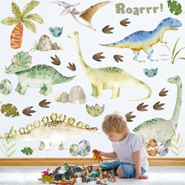 Watercolor Dinosaur Wall Stickers, Large Peel and Stick Dino Wall Decal Vinyl Tropical Forest Dinosaur Clings for Baby Boy Girl Nursery Kids Bedroom Living Room Playroom Classroom Home Decor