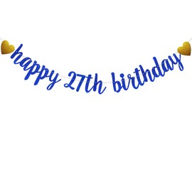 SUNbetterland Blue glitter Happy 27th Birthday Banner, Pre-Strung,Boy's Man's 27th Birthday Party Decorations Supplies, Happy 27th Birthday