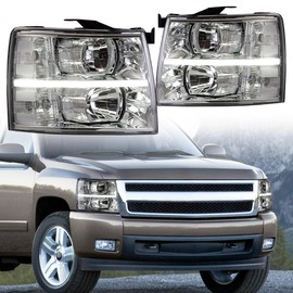 PIT66 LED Bar Headlight, Compatible With Chevy Silverado 1500 2007-2013/Compatible With Silverado 2500 3500 & HD 2007-2014 Chrome Housing Clear Lens Clear Corner