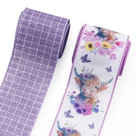 Estivaux 2 Rolls Spring Flowers Calf Ribbons for Wreath Bows, 2.5"×10 Yards Wired Edge Ribbons Purple Burlap Ribbon Alpine Cattle Wired Ribbons for Crafting Sewing Wedding Birthday Supplies