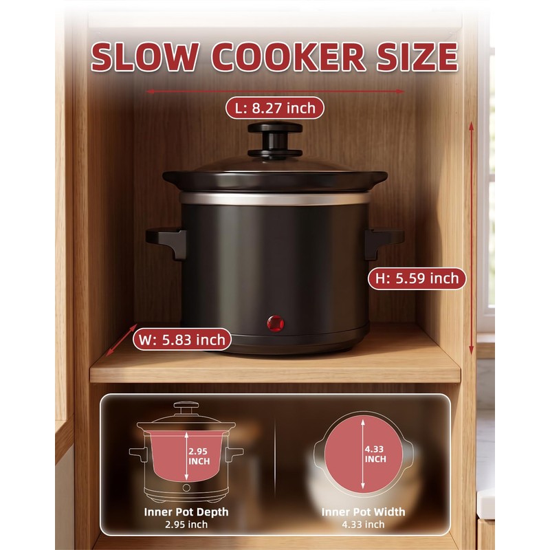 0.65Qt Mini Slow Cooker Ceramic Pot Support Dishwasher Safe, Black