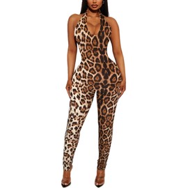 Women's Halter Bodycon Black Jumpsuits - One Piece Backless Animal Print Summer Casual Workout Club Pants Rompers Outfits Catsuits Leopard Yellow L