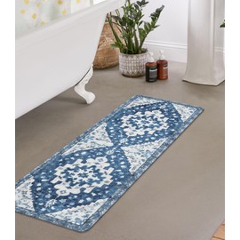 Uphome Boho Retro Bathroom Rug Runner Blue Non-Slip Soft Bath Mat Oriental Tribal Machine Washable Bath Rug Traditional Farmhouse Floral Long Rug for Shower Sink Entrance, 18x47 inch