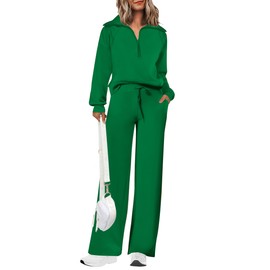 PRETTYGARDEN Women 2 Piece Tracksuit Casual Half Zip Lapel Pullover Sweatshirt Long Pants Sweatsuit Set (Green,Small)