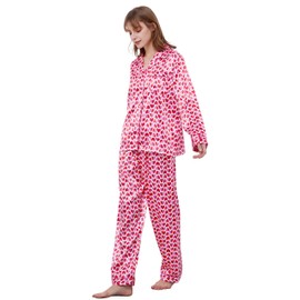 TONY AND CANDICE Women's Classic Satin Pajama Set Sleepwear Loungewear (Pink Hearts, Small)