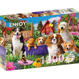 ENJOY Puzzle Dogs and Puppies in Garden Illustration – 1000 Pieces Jigsaw Puzzle for Adults – Matte Finish, Soft Touch, Easy to Assemble, Tight Fit, Vivid Colors, Missing Pieces Service
